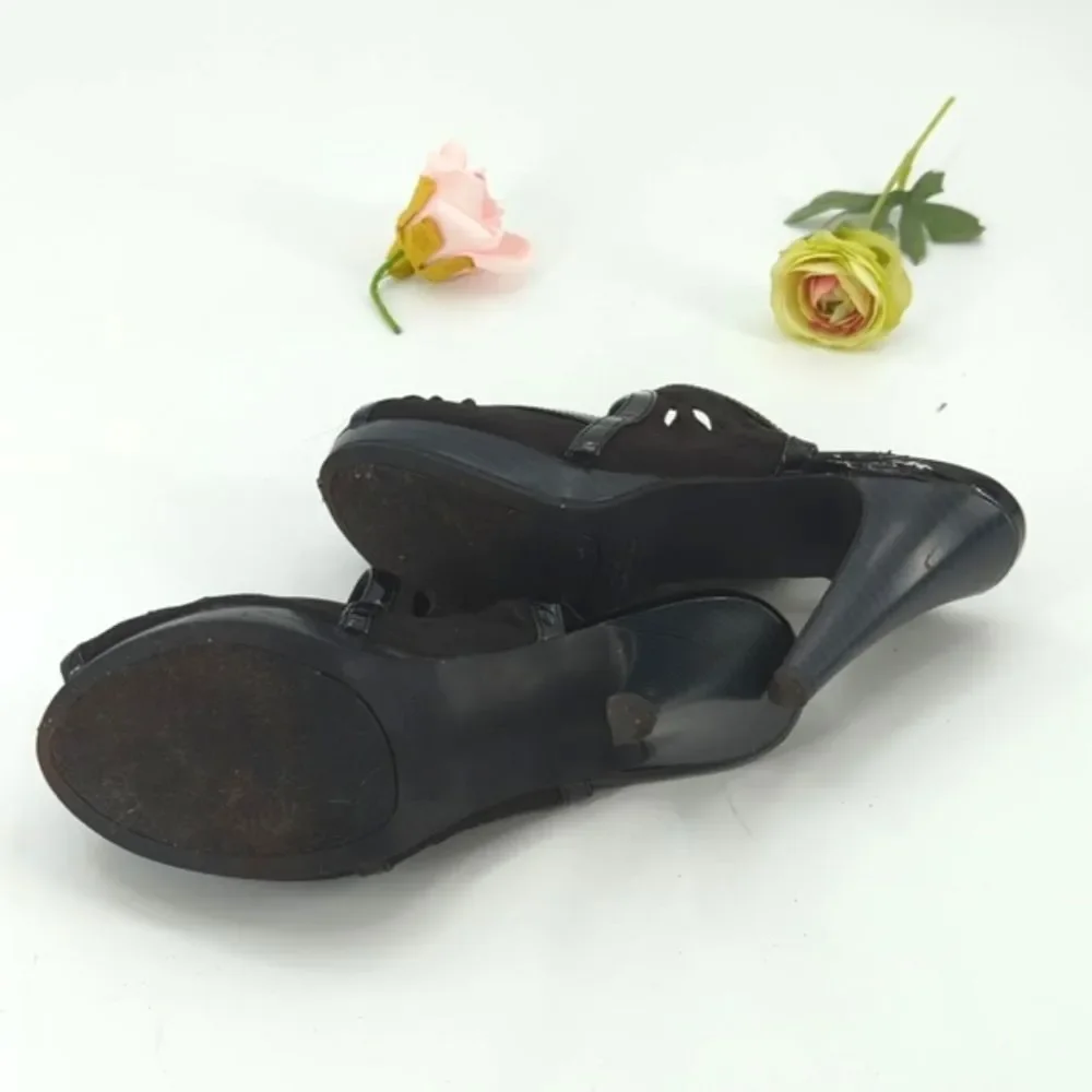 Madden Girl Y2K Black Faux Suede and Patent Platform Peep Toe Heels Size 6.5